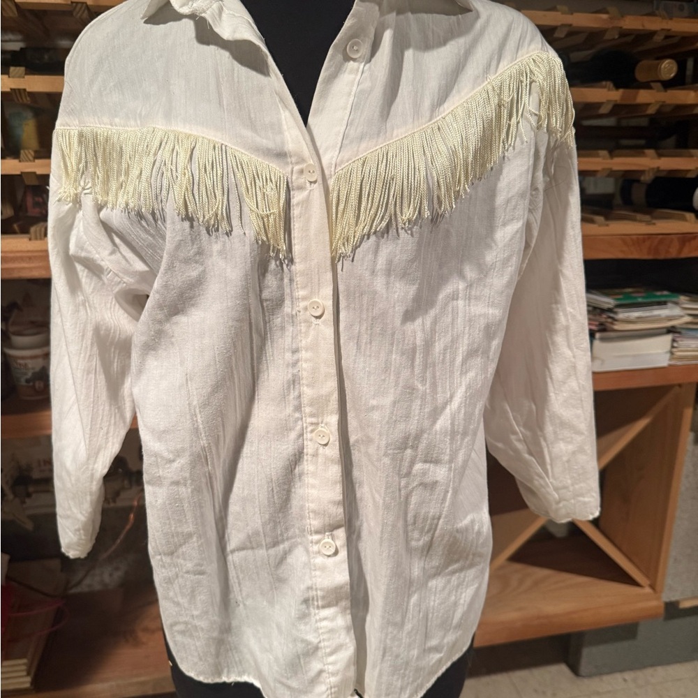 Vintage Women's Cream Fringe Western Button-Front Blouse